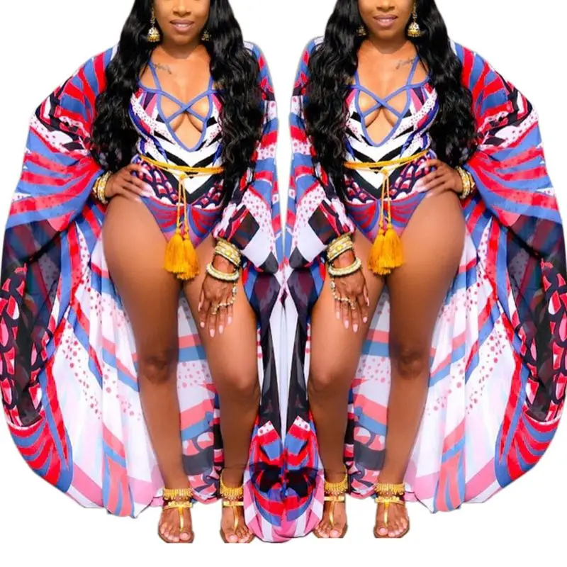 

Women Sexy Two Piece Bikini Set Strappy Bandage Deep V-Neck Monokini Ethnic Polka Dot Stripe Short Sleeve Maxi Cardigan Swimsuit