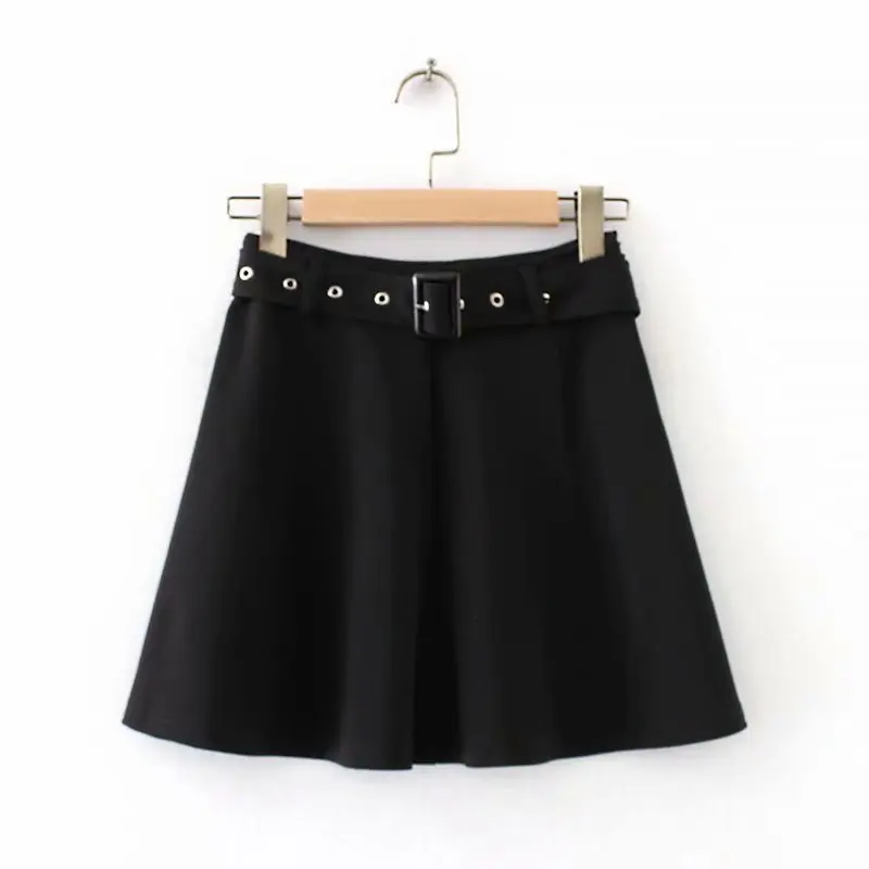 

QZ533 Women Brief Black Color With Belt Mini A-Line Skirt Ladies Solid Color Casual Skirts Saias