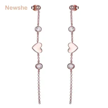 

Newshe Heart Shape Long Dangle Drop Earrings 925 Sterling Silver Rose Gold Color 1 Carat AAA Cubic Zirconia Earrings For Women