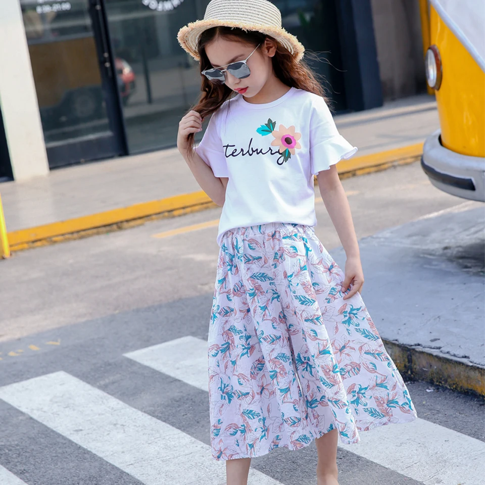 

Children Clothing Set For Girl Summer Printed Outfits T Shirt & Wide Leg Pants Girls Kids Clothes 4 5 6 7 8 9 10 11 12 14 Years