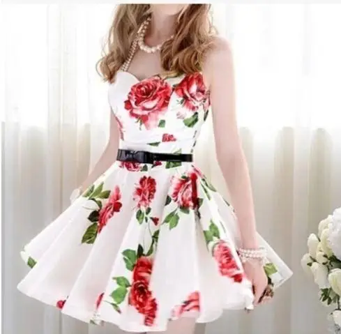 Vestido de bola del vestido, mujeres vestidos verano blanco con las flores  rojas recoger la cintura grande péndulo princesa casual _ - AliExpress  Mobile