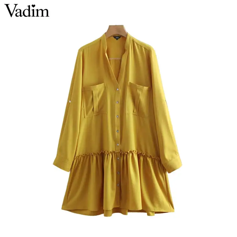 

Vadim Women yellow blue green mini dress V neck pockets pleated female casual dresses solid straight dresses vestidos QB263