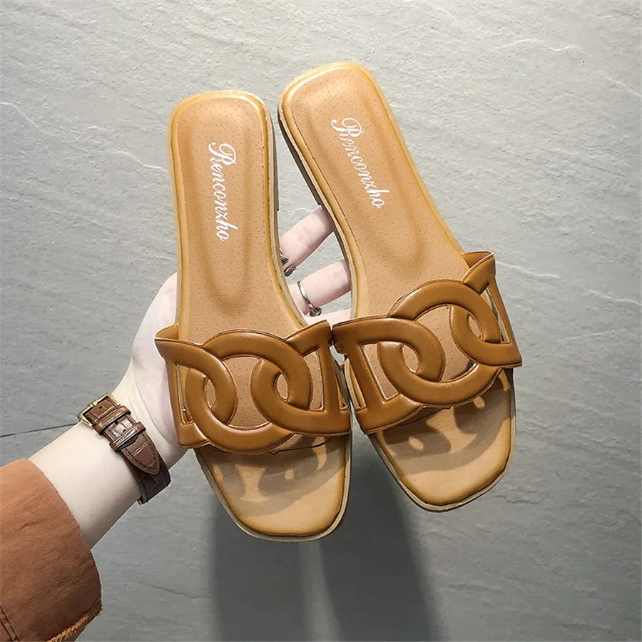 

Women Leather Slippers Ladies Sandals Fashion Design Sandals Good Quality Flat Shoes White Summer Holiday Slides Square Heel