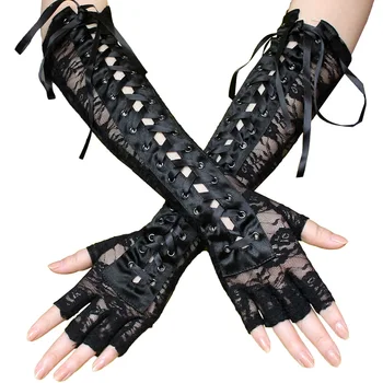 

Long Retro Women Lolita Steampunk Armband Gloves Lace Hollow Vintage Tie-Up Black Gothic Cosplay Accessory