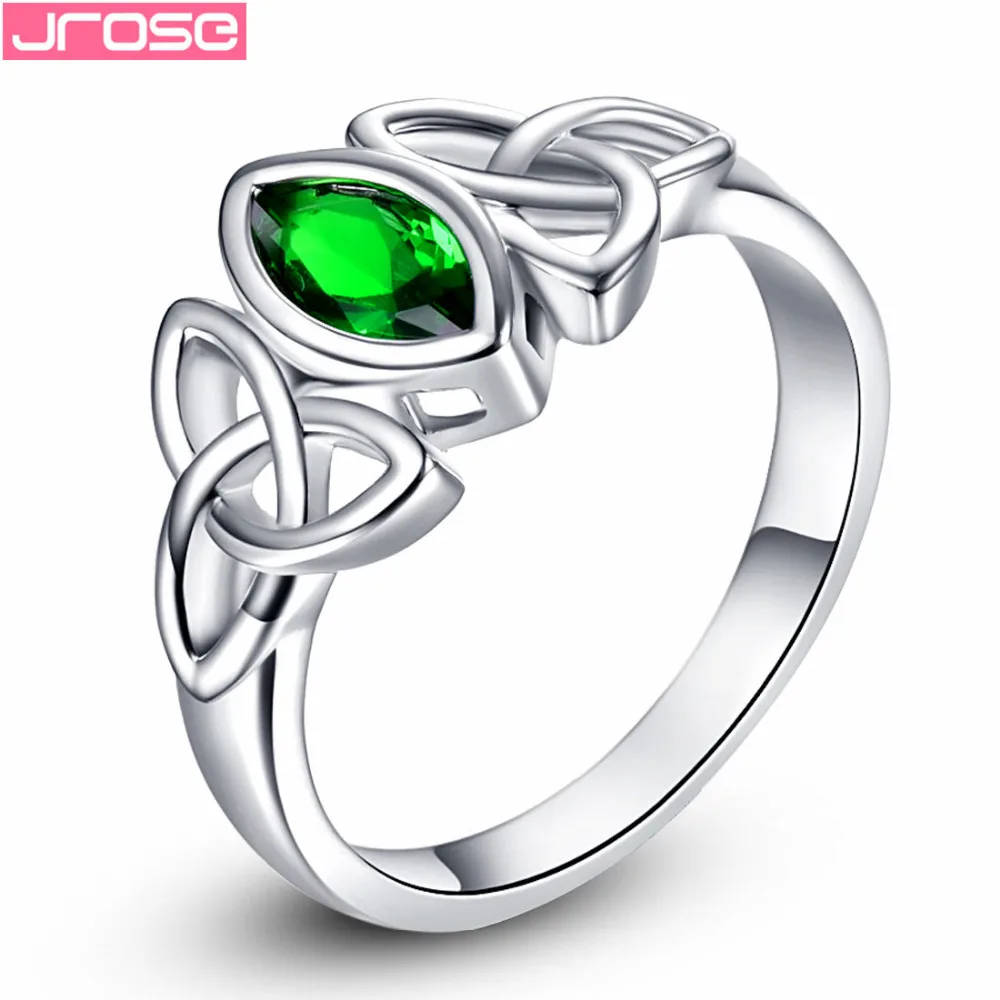 JROSE Engagement Party Green Cubic Zircon Celtic Knot Jewelry White Gold Color Ring Size 6 7 8 9 10 Anniversary Gifts For Lovers