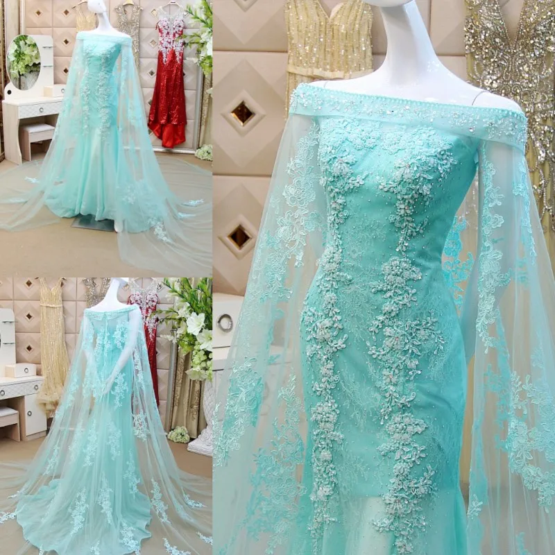 

boat neck sky blue lace long mermaid evening dress 2016 new hot sexy cap sleeve robe de soiree vestido de festa prom dresses