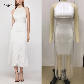 

White Black Tassel Bandage Dress Bodycon Sexy Halter Sleeveless Backless Vestidos New Women Club Party Dresses With Fringe