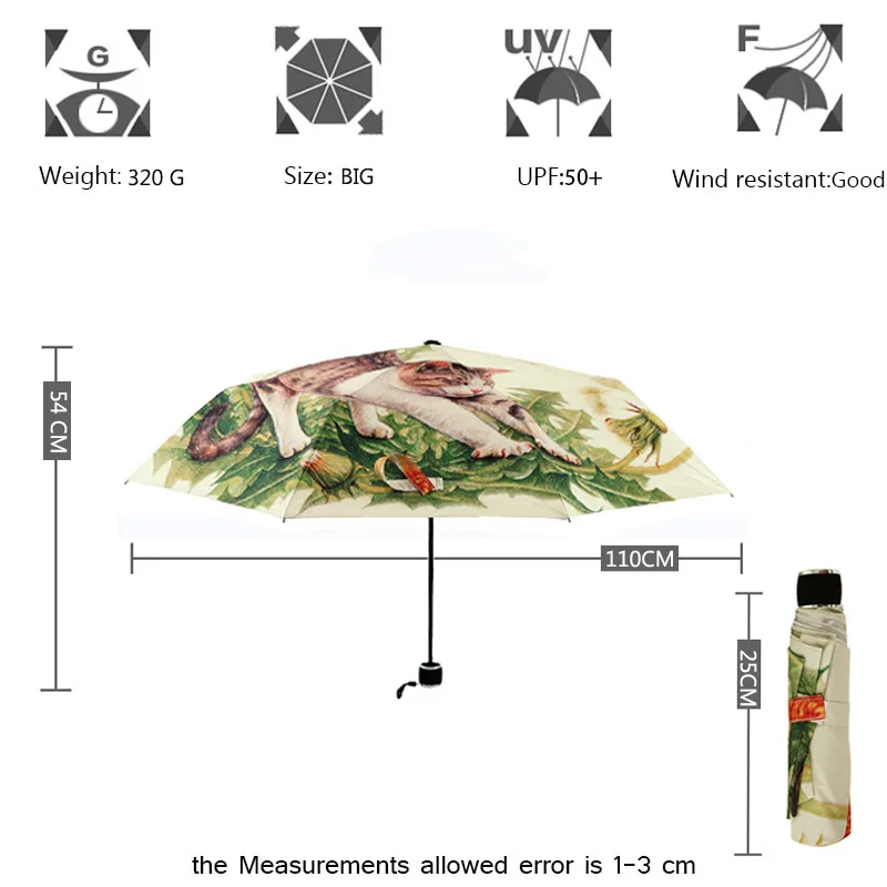 Ветрозащитный дорожный зонтик, компактный складной легкий портативный зонтик с рисунком кота, зонты для женщин, подарок на выбор