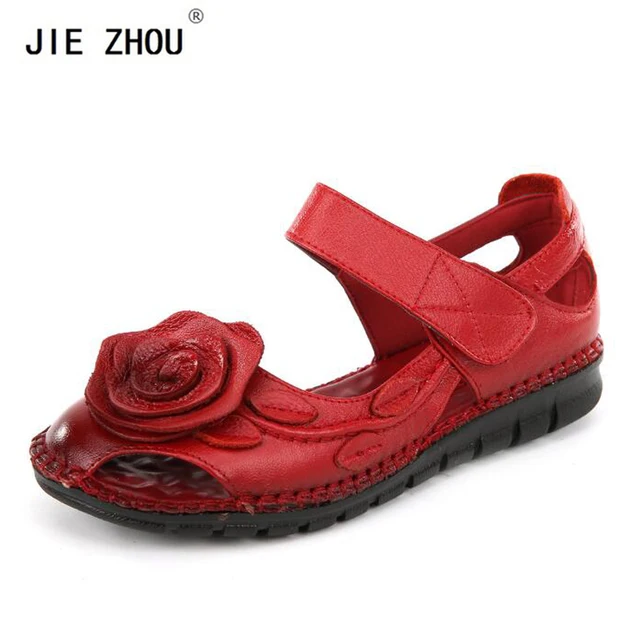 Plus Size 34-41 Flats Sandals Summer Women Sandals Fashion Casual Shoes Woman Genuine Leather Handmade Flowers Flat Sandals