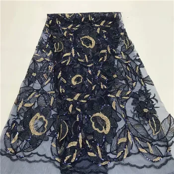 

2019 African Net Lace Fabric, High Quality Elegant Dark blue Sequins Nigerian Wedding Lace Fabrics 5Yards Sequins French lace