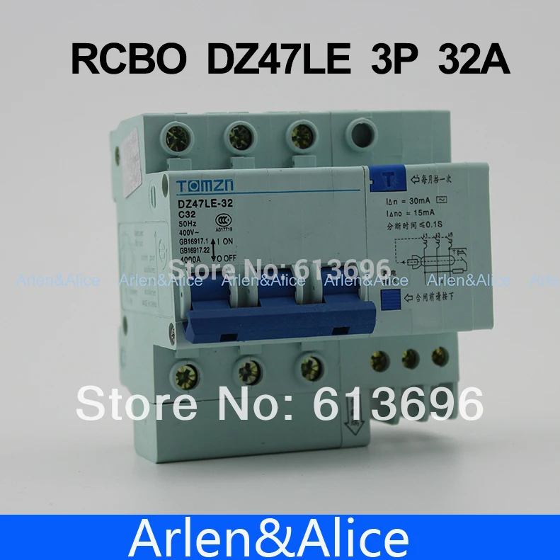 3P 32A DZ47LE 400V~ Residual current Circuit breaker RCBO