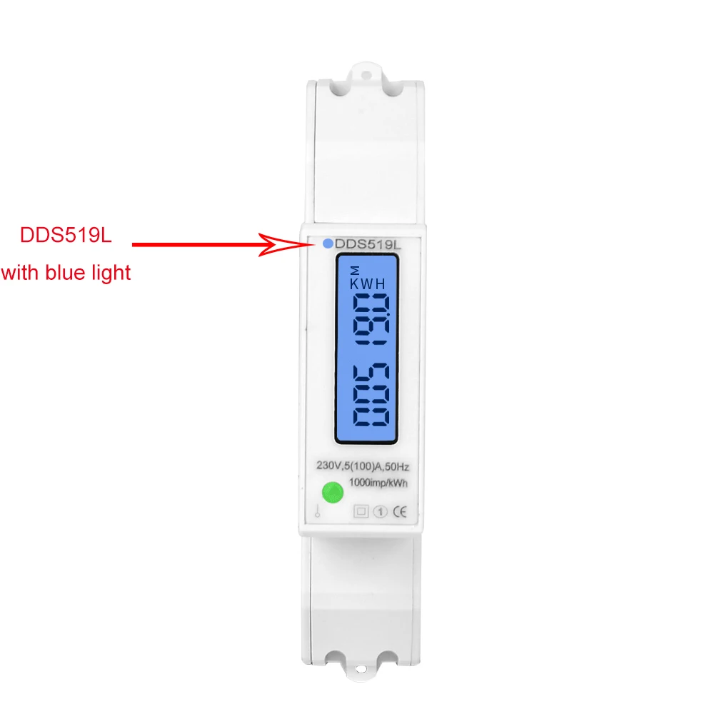 DDS519 энергосберегающий ваттметр ЖК-дисплей счетчик потребления электроэнергии 1P DIN Rail измеритель kwh 220V с голубой подсветкой 100A - Цвет: DDS519 With light