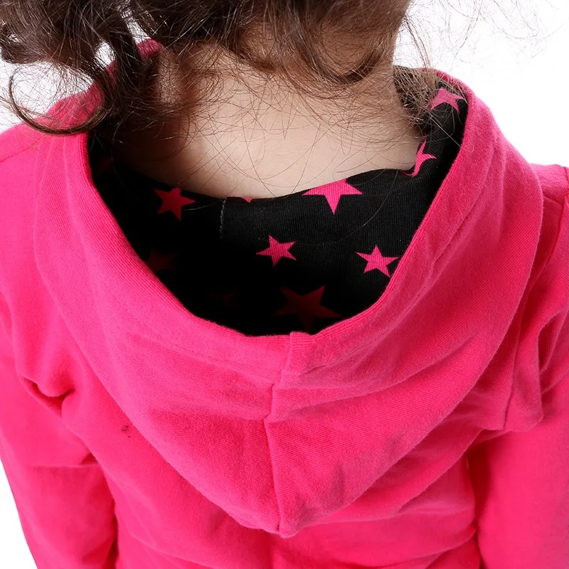 Kaiya Angel Hood/Детские комплекты одежды для девочек ярко-розовые пальто костюм со штанами Милая Одежда для девочек с карманами и звездами осенний костюм