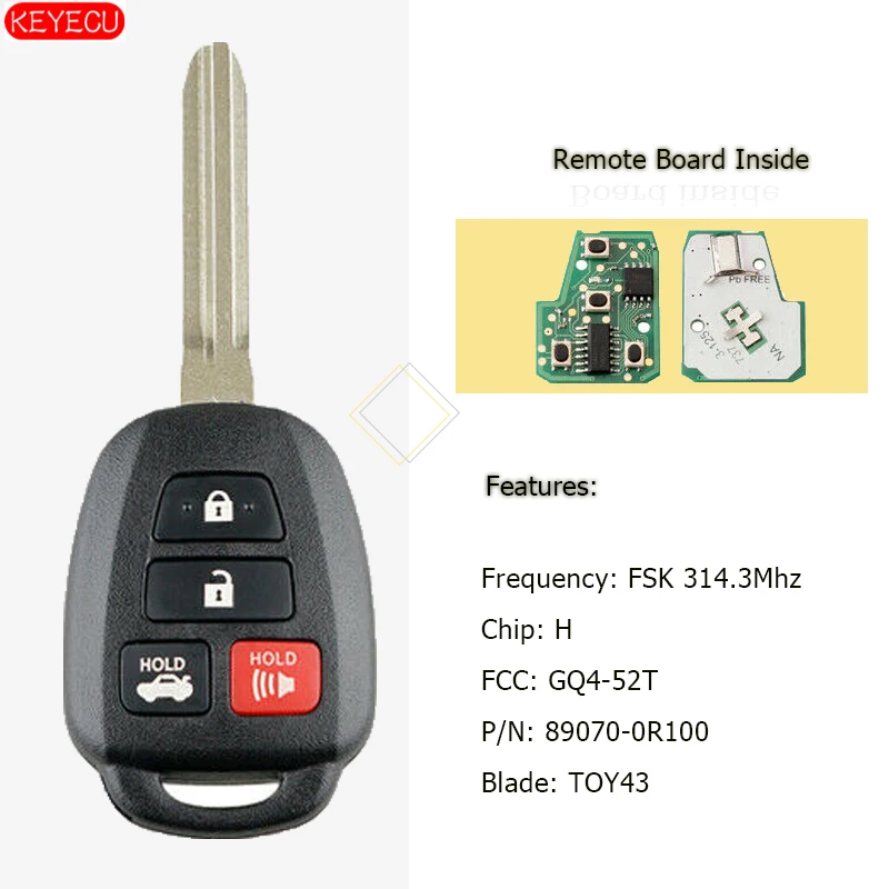 Keyecu 4 кнопки дистанционного брелока Замена для Toyota Rav4 Highlander 2013-GQ4-52T-H чип
