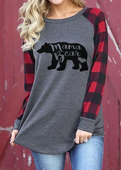 PADDY дизайн MAMA BEAR клетчатая Футболка с принтом осенне-зимняя женская футболка с длинными рукавами Повседневная Женская футболка больших размеров