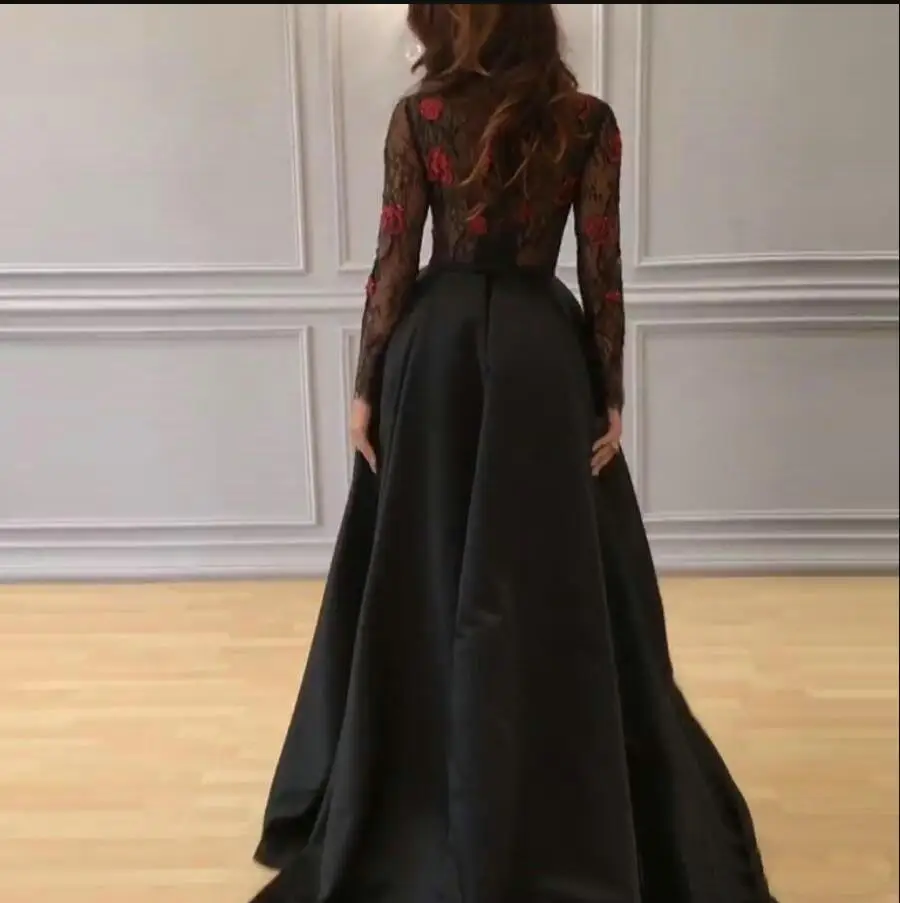 2017 Arabic Sexy Black Prom Dresses Long Sleeve See Sheer Lace Top with Red Rose High Split Sweep Train Formal Wear Yousef Aljasmi1