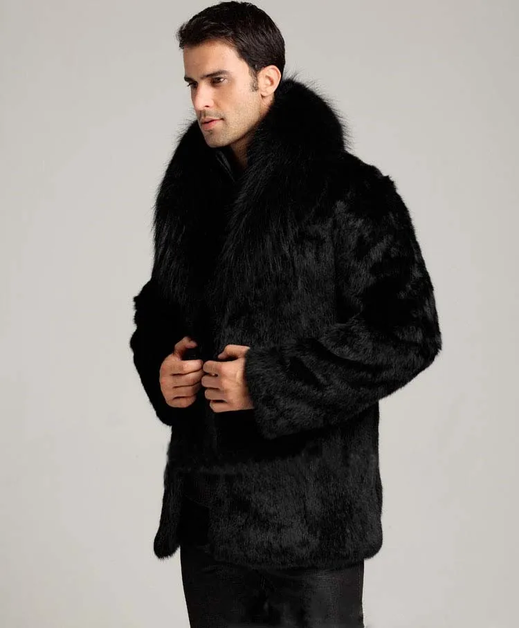 Лучшие продажи! Зимняя мужская куртка из искусственного меха. Теплые и комфортные куртки свободного покроя из черного кроличьего меха. Куртки с воротниками из длинного лисьего меха