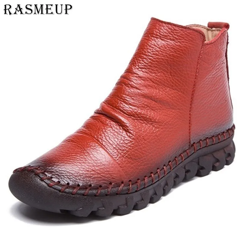 

RASMEUP Handmade Genuine Leather Women's Winter Boots 2018 Autumn Zipper Women Ankle Boots Plush Warm Casual Woman Flat Shoes