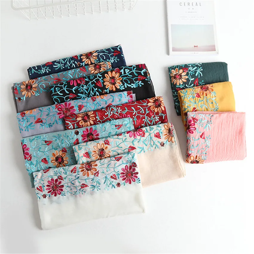 

2018 Autumn Winter Stitch Floral Viscose Shawl Scarf Women High Quality Print Hijabs and Wraps Kerchief Bufandas Muslim Sjaal