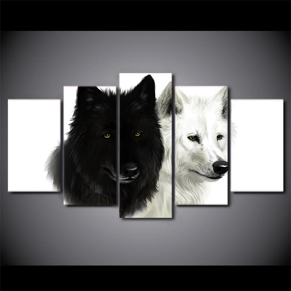 Buy 5 Panel Black And White Wolf Canvas HD Printed