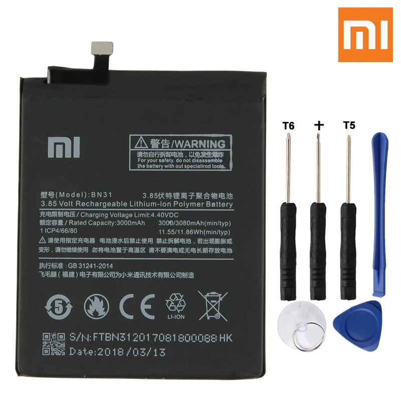 Сменный аккумулятор для телефона Xiao mi BN31 для Xiaomi mi 5X mi 5X redmi note 5A mi A1 аутентичная перезаряжаемая батарея 3080 мАч