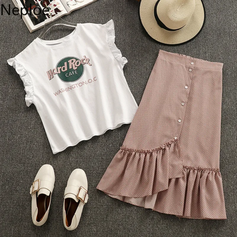

Neploe Women Two Piece Outfits Summer 2019 Letter Print O-Neck Ruffles Tank+Polka Dot Single Breasted Ruffles Skirts 43788