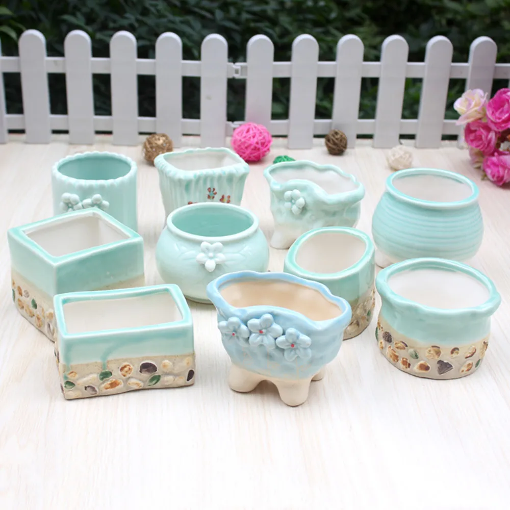 On sale Lovely small blue Ceramic floral garden pot Planter Cute