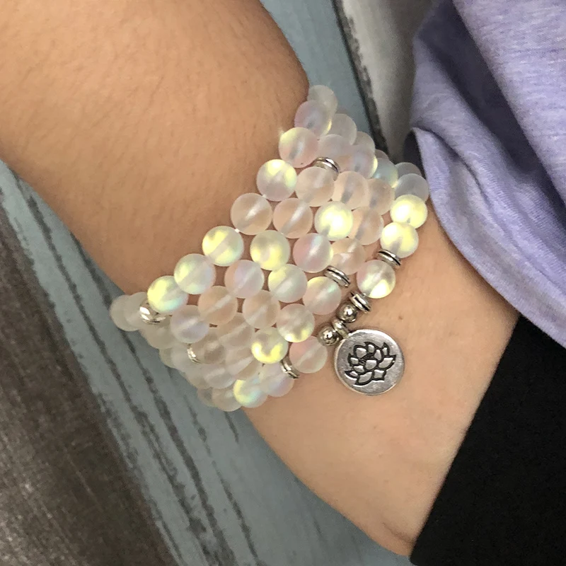 

Woman Sparkling Stone Jewelry Multi-layer wraps Matte white color Labradorite Lotus Bracelet 108 Prayer Beads Mala Yoga Bracelet