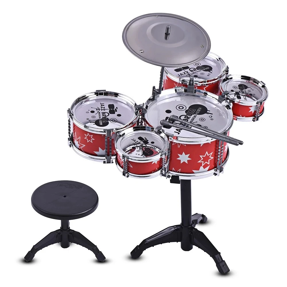 

STARWAY Musical Educational Instrument Toy Children Kids Jazz Drum Set Kit 5 Drums + 1 with Small Stool Drum Sticks for Kids