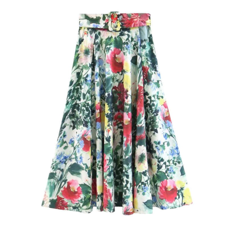 

Women Floral Print Midi Skirt Sashes Pleated Back Zipper Fly Design Female Stylish Casual A Line Skirts FFZBQ62