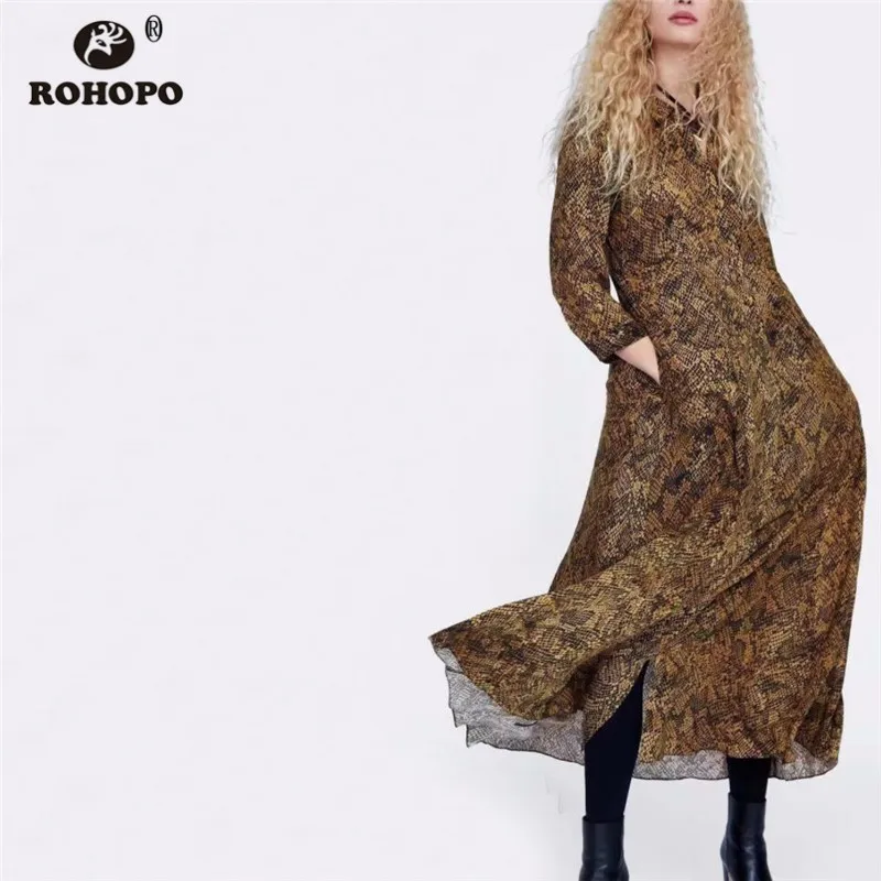 

ROHOPO Three Quarter Sleeve Snake Printed Baggy Dress Ankle Length Buttons Fly Pleated Serpentine Straight Dress Slim # AZ9116