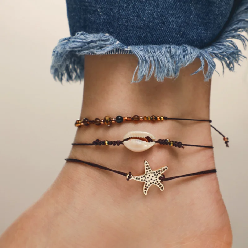 Многослойная пляжная винтажная ракушка женские браслеты для щиколотки кожаная веревка цепь на ноге дамы ножной браслет Мода Бижутерия для ног - Окраска металла: 3