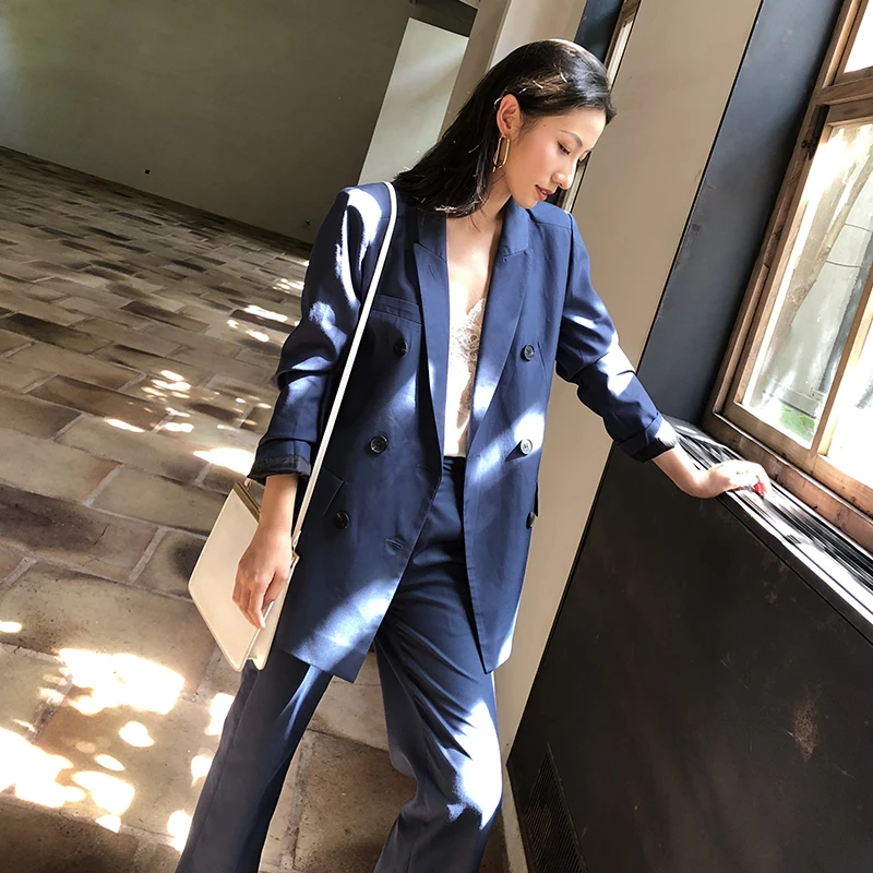 

2019 Fashion Suits 2 Pieces Set Women Double-breasted Blazer & Long Pant Suits Female Casual Jacket Workwear Sets Suit Female