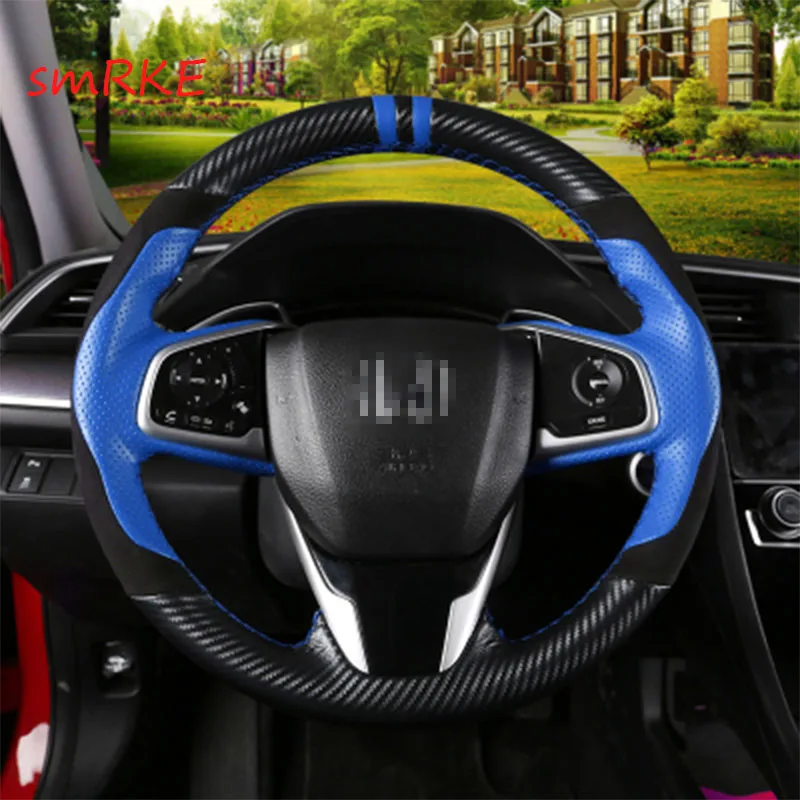 Ручной пошив углеродного волокна синий кожаный чехол на руль для Honda Civic 10th Crider CRV