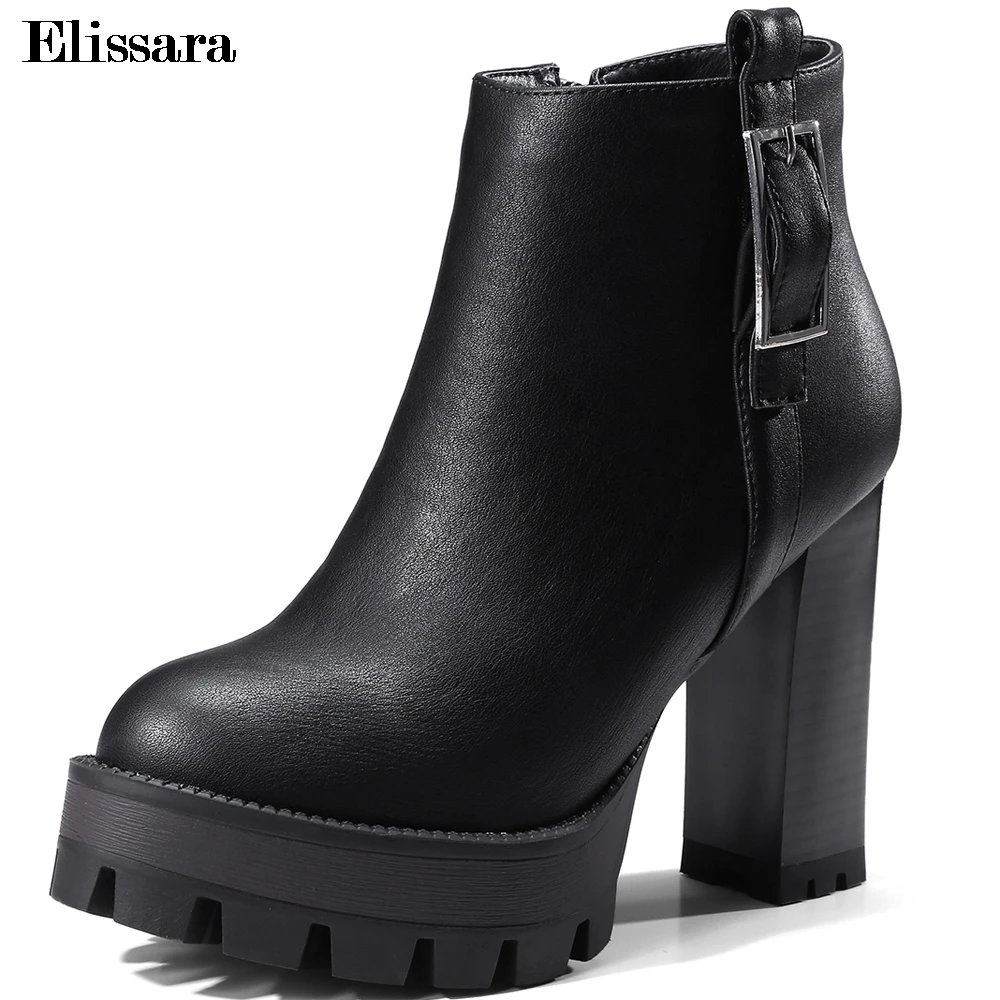 

Elissara Women High Heels Ankle Boots Women Round Toe Buckles Martin Boots Lady Ultra Heels Platform Shoes Plus Size 32-42
