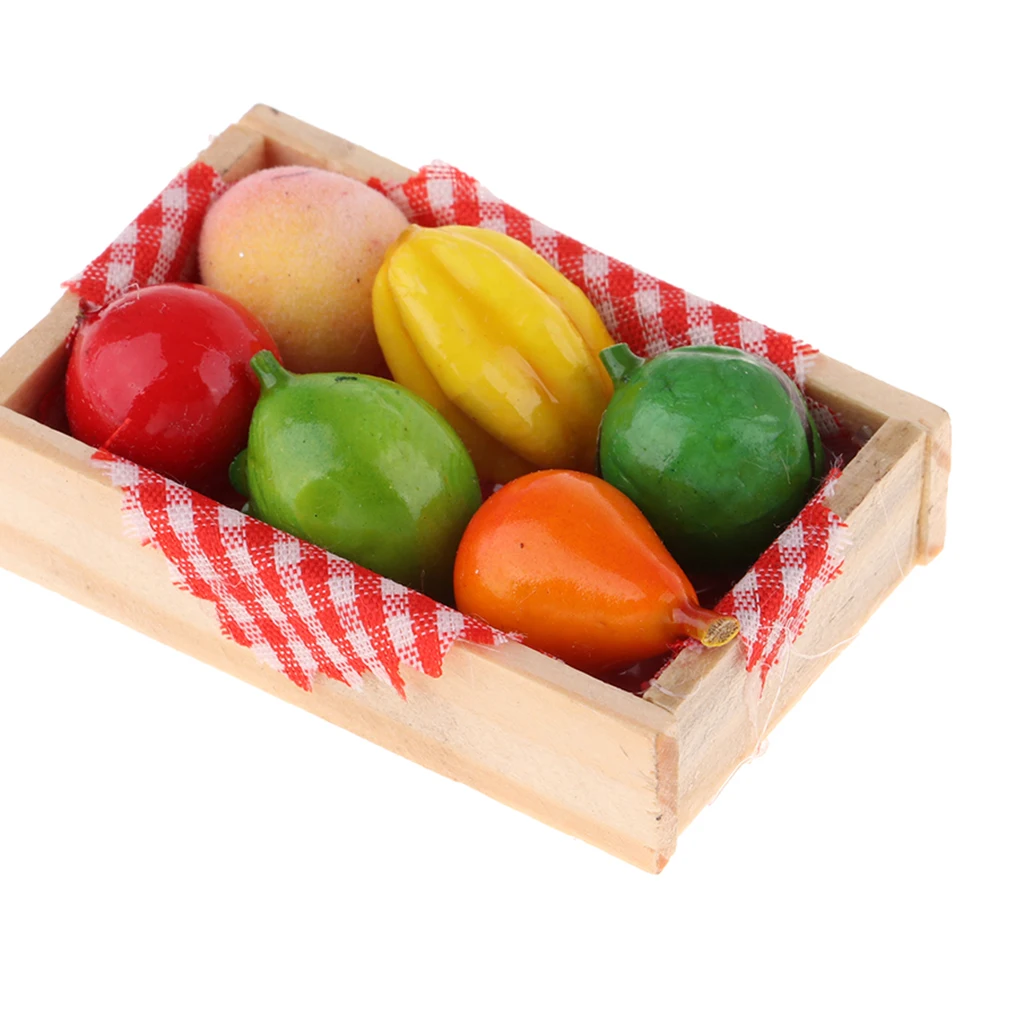 1/12 Dollhouse Miniature Dining Table Fruit Toys with Wood Storage Box Doll House Layout Accessories