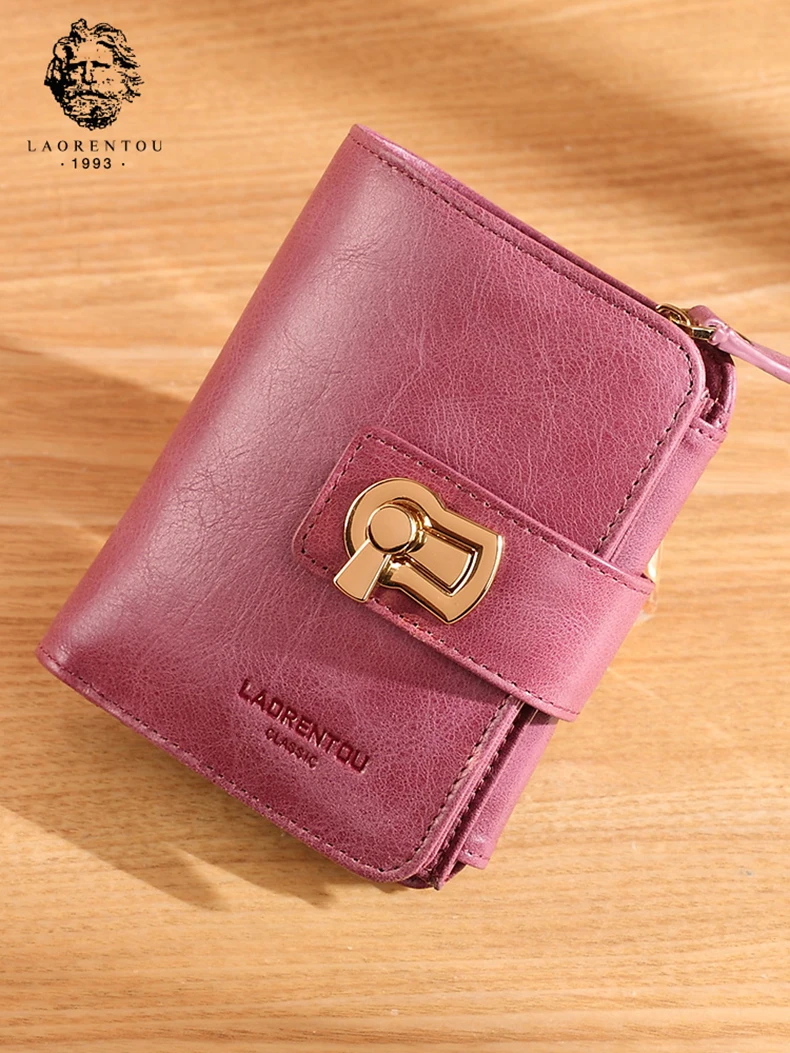 LAORENTOU Brand Women Standard Wallet Genuine Leather Wallets Fashion Short Zipper Purse Lady Coin Pocket Card Holder for Women