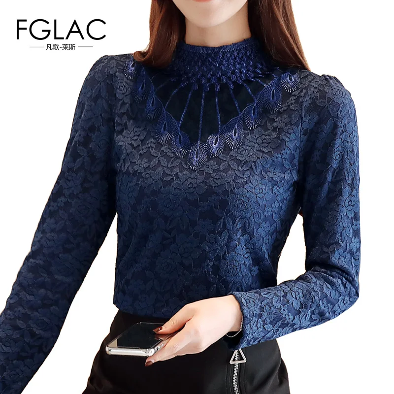 FGLAC Women's long sleeve Turtleneck Lace tops Fashion