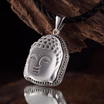 

Genuine Sterling Silver 925 Buhhda Pendant For Women Natural White Crystal Gemstone Sakyamuni Figure Head Amulet