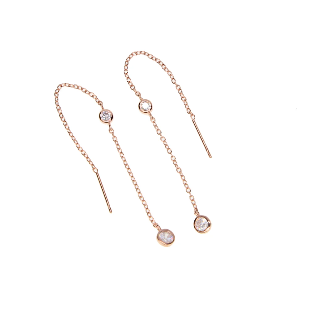 

2019 New fashion fine jewelry earring rose gold color cz link bezel cz long chain dangle tassel elegant women wire earring gift