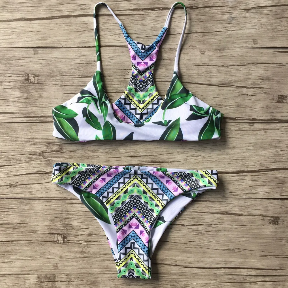 

2019 Summer Women Sexy Swimwear Green Leaves Bikini Set Beachwear Triangle Bra Set Bikini Swimsuit Women Bathing Suit