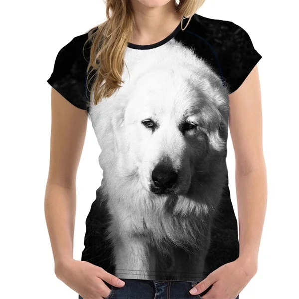 FORUDESIGNS Funny 3D Dog Great Pyrenees Print Women O Neck T Shirts