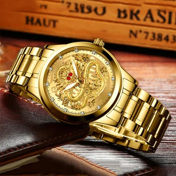 

Luxury Watches Men Embossed Gold Dragon Waterproof Watch Mens Diamond Ruby Fashion Casual Japan Quartz Clock New erkek kol saati