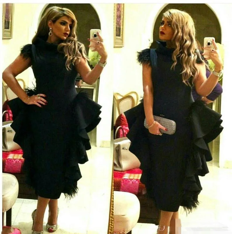 

robe de soiree 2019 High Neck Feathers Black Evening Dresses Ruffles Tea Length Formal Prom evening Dress Vestido De Novia