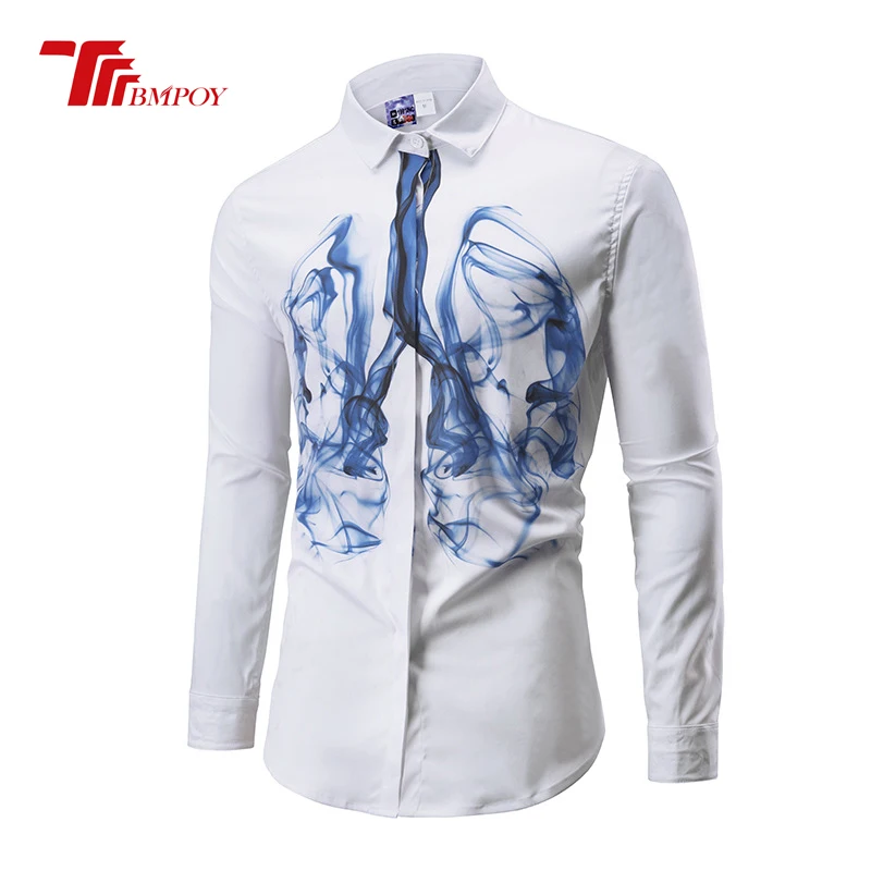 High Quality Men Shirt Long Sleeve Loose fit 3D Smoke lung Print Turn-down Collar camisas Big Size Dress Shirts