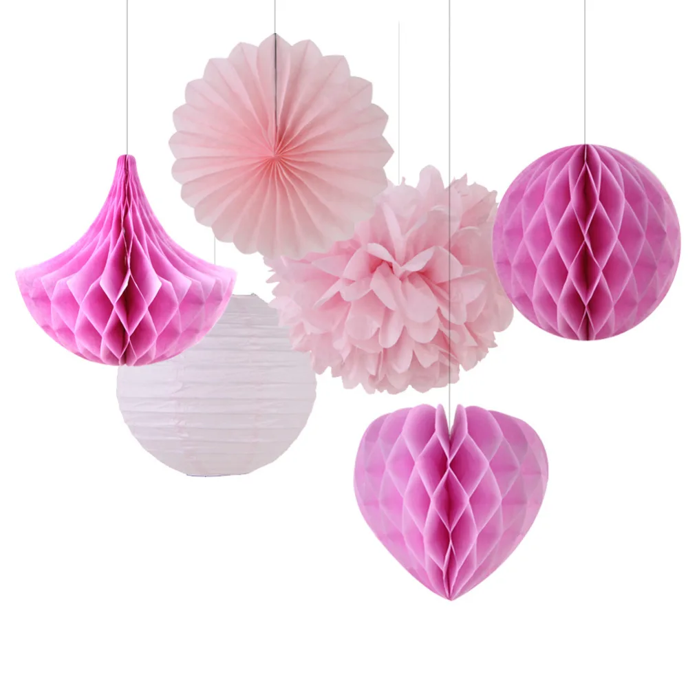 

Pink Shade 6pcs Mix and Match Paper Decoration Set ( Honeycomb Ball/Heart/Drop/Pinwheel/Pom Pom) for Birthday Showers Wedding