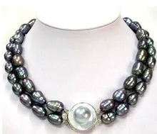 Благородные дамы 2 Ряд огромный 11-13 мм черный жемчуг барокко ожерелье Свадебные слово женщины подарок серебряные-ювелирные изделия