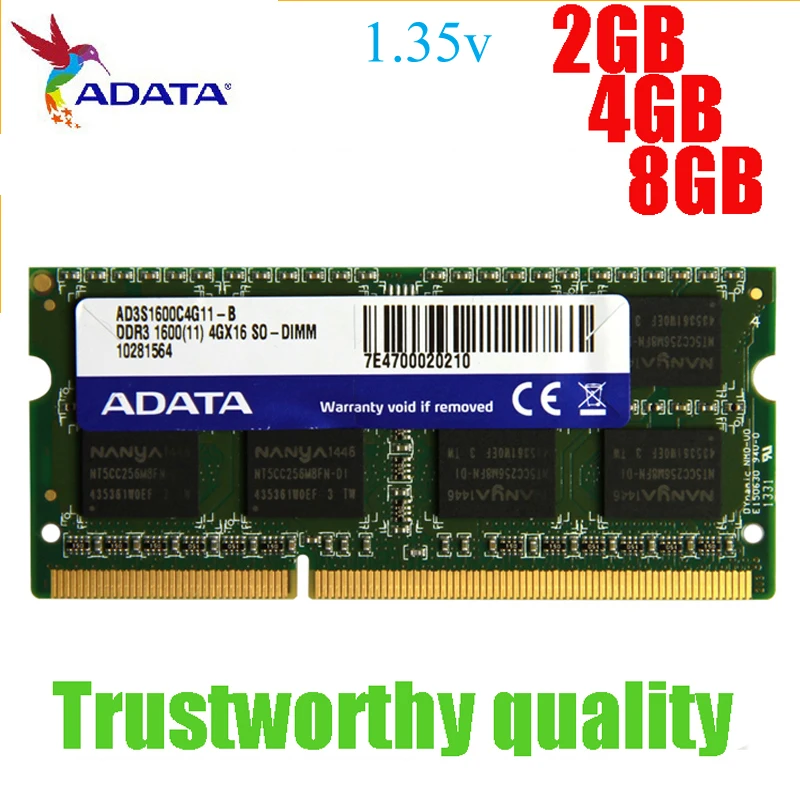 

Brand ADATA Laptop Memory Ram 8GB 4GB 2GB DDR3L 1600MHz 1.35v Ram Memory 204 Pin SO-DIMM Compatible With DDR3 1333 1066MHz