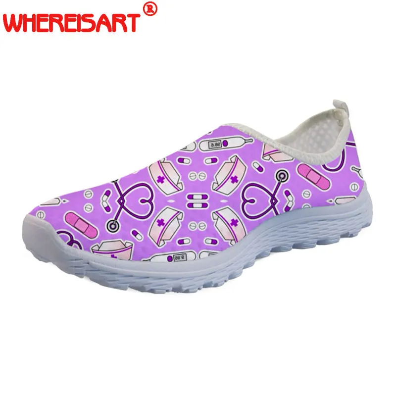 

WHEREISART Cute Nurse Love Purple Pattern Summer Women Shoes Flats Female Comfortable Mesh Beach Shoes for Teen Girls Casual