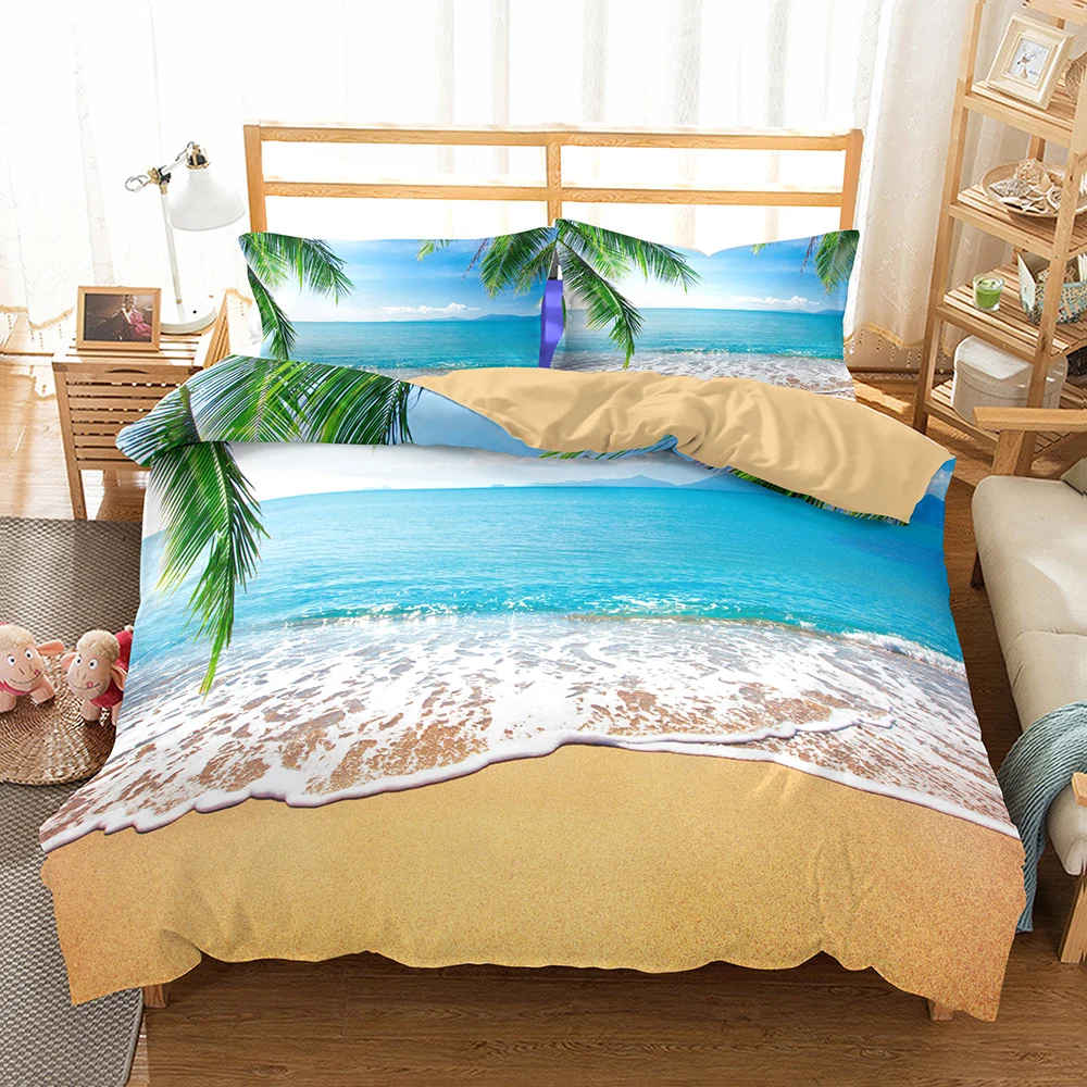 

Tropical Beach Blue Ocean Duvet Cover Set Pillowcase Plam Trees Lifelike Comforter Set Seaside Theme Hotel Decorated Bedding